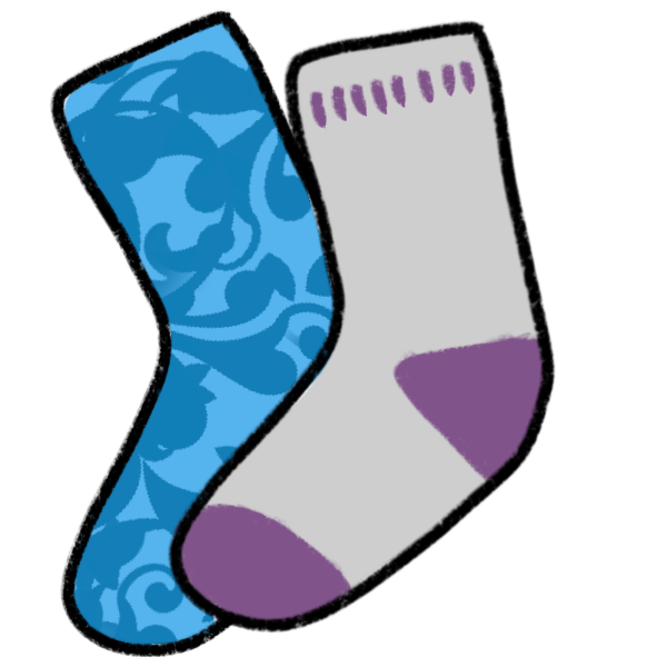 a blue sock with a flowery pattern, and a white sock with purple toe and heel.